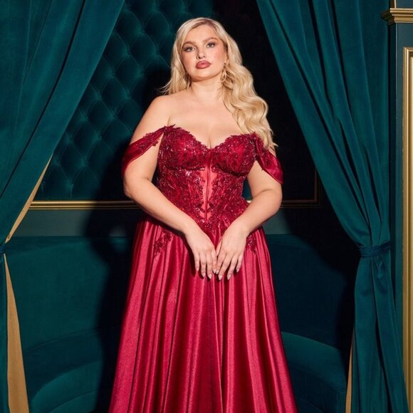 NEW FORMAL OFF SHOULDER A-LINE SOFT SATIN DRESS W/ FLORAL LACE EMBROIDERY CDS525